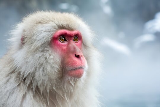 Close Up Of Japanese Macaque Snow Monkey With Red Face And Fur Looking Upwards, snow monkey, japanese macaque, monkey, macaque, japan, animal, wildlife, primate, nature, mammal, winter, face, portrait