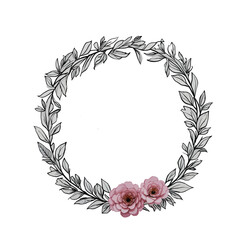 Outlined Leaves Decoration with Watercolor Pink Flower Bouquet Frame, White Background, eps file, editable