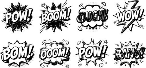 Eight Comic Book Style Speech Bubbles Featuring Impactful Sound Effects