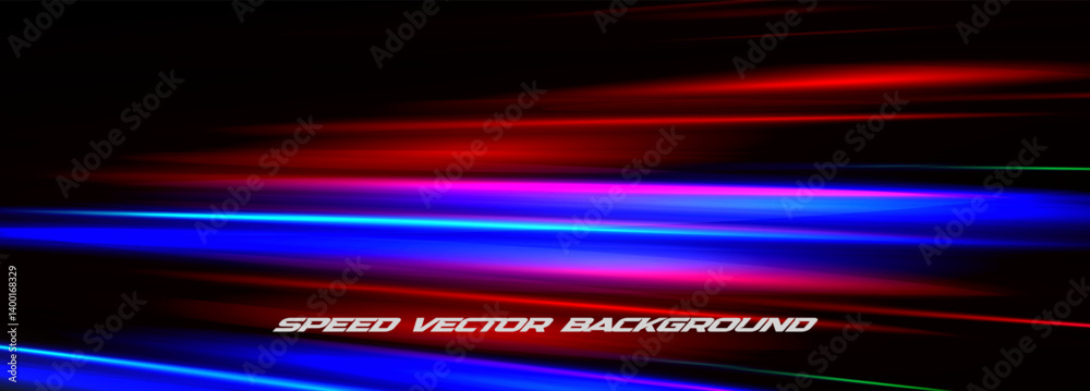 Poster speed light lines background with red, blue, pink neon glow on dark gradient. futuristic motion blur