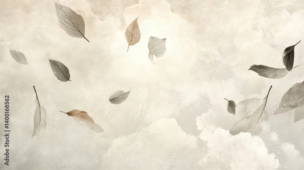 Poster Floating leaves and soft clouds create a tranquil scene with a natural rhythm in gentle, neutral colors in the sky above