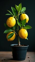 Miniature lemon tree, ripe yellow fruit, black pot , home, closeup, texture