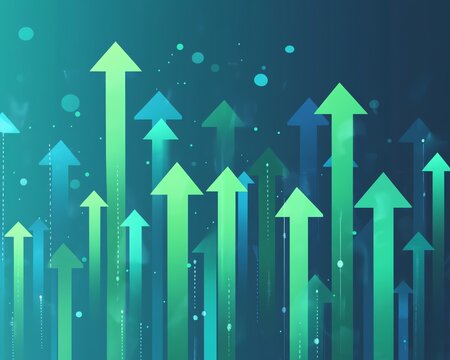 Blue background with green arrows pointing upwards, connected and spaced apart, representing growth, success, and dynamic development in a modern visual