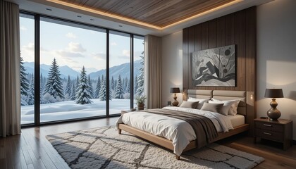 Modern bedroom retreat with snowy mountain views, featuring warm wood accents, neutral tones, and a cozy, inviting atmosphere.