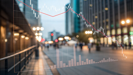 Falling financial chart over city street background