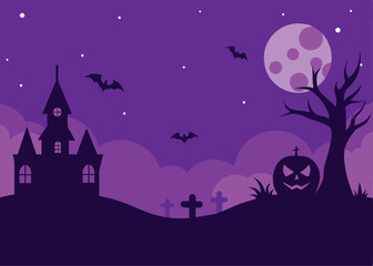 halloween spooky purple night scene horizontal bac