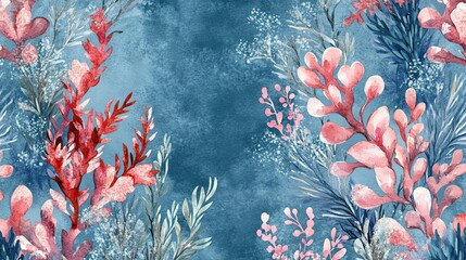 Watercolor depiction of underwater flora with coral-like formations and textures