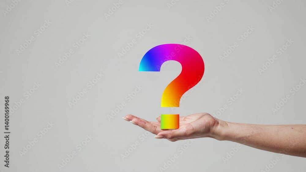 Poster female hand grasping vibrant gradient question mark symbolizing critical thinking, uncertainty, and 