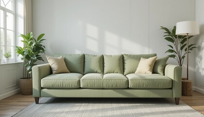 Living room featuring a comfortable green sofa, soft cushions, plants, and natural light creates a cozy and inviting atmosphere.