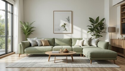 Inviting living space featuring a comfortable green sofa, soft pillows, natural light, and elegant decor for relaxed and stylish living.