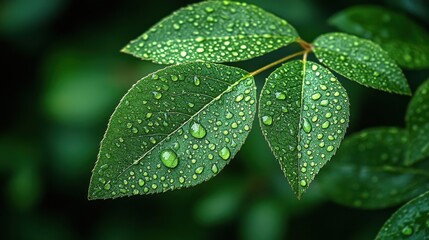 Close Up of Green Leaves with Water Droplets Showing Freshness in Natural Light