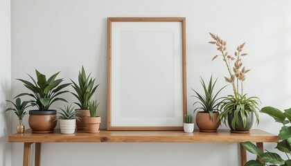 Indoor plants add life to a room with a decorative blank framed picture on a wooden table against a white wall creating a serene atmosphere.