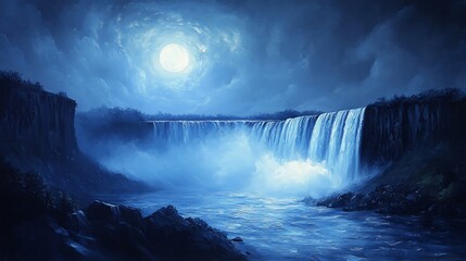 Dramatic oil painting of Niagara Falls in moonlight, a panoramic view of cascading waters, deep indigo sky with faint wisps of clouds, glowing mist rising from the falls,