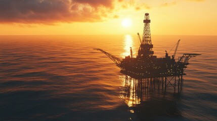 Aerial view of an offshore oil rig at sunset with water surrounding the structure