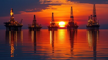 Obraz premium An offshore oil drilling site with multiple platforms and rigs set against a calm sea backdrop