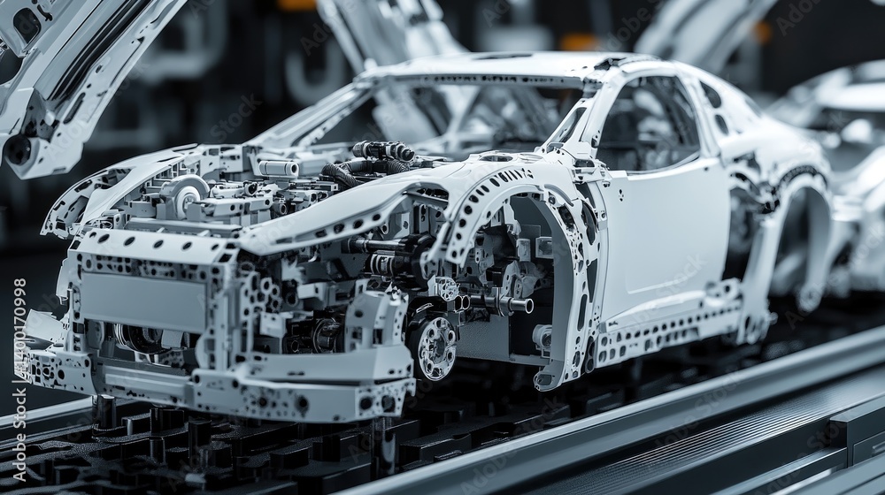 Poster assembly line with partially completed cars and tool arms in automated sequence