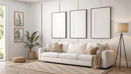  Three Empty Vertical Picture Frames on Wall in Modern Interior