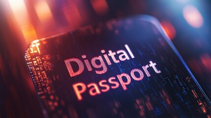 Close-Up Digital Passport Text On Neon Circuit Interface Background