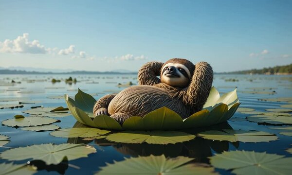 Cute sloth relaxing on giant water lily in calm blue lagoon with soft sky and horizon in background. Concept of peace and tropical wildlife