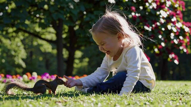 Cheerful toddler girl is reaching out to a curious squirrel in a vibrant park, surrounded by colorful flowers and lush greenery, creating a heartwarming scene of connection with nature