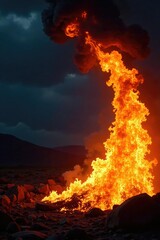 Fototapeta premium Whirling flames engulfed a darkened night sky, dark, orange