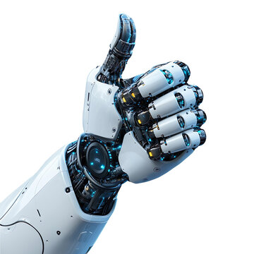 A cyborg hand, robot hand giving thumbs up on . machine learning and big data connection network in the intersection of science, innovation, and futuris isolated on a white background