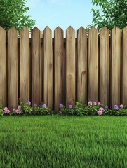 Fototapeta premium Serene Backyard Scene with Wooden Fence Lush Green Grass and Vibrant Flowers Under a Clear Blue Sky Creating a Peaceful and Inviting Outdoor Ambiance