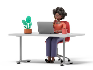 A woman sits at a desk, laptop open, hand to chin, symbolizing deep thought and focus. 3D rendering, conceptual image. Isolated on white background.