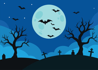 vector halloween landscape with silhouettes of sca
