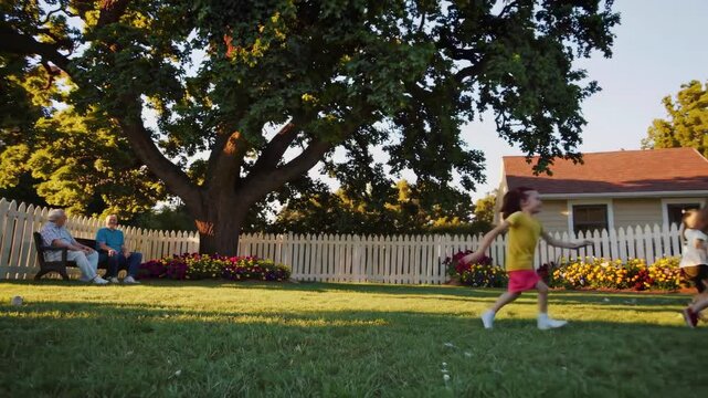 Three grandchildren running and playing in a backyard garden while grandparents relax on a bench under a large oak tree, capturing joyful family bonding on a summer day