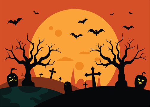 vector halloween landscape with silhouettes of sca