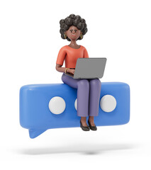 A woman sits on a speech bubble with a laptop, symbolizing digital communication and ideas. 3D rendering, conceptual image. Isolated on white background.