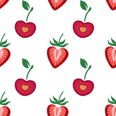 Seamless pattern with strawberries and cherries on a white background for Valentines Day. Bright heart shaped strawberries and cherries halves background. Vector pattern for a wrapping paper, textiles