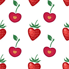 Seamless pattern with cherry and strawberry hearts on a white background for Valentines Day. Cute heart shaped cherries and strawberries background. Vector pattern for a wrapping paper, textiles, etc.