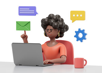 A woman at a desk with a laptop, holding an envelope, surrounded by communication icons, symbolizing digital and traditional correspondence. 3D rendering, conceptual image. Isolated on white backgroun