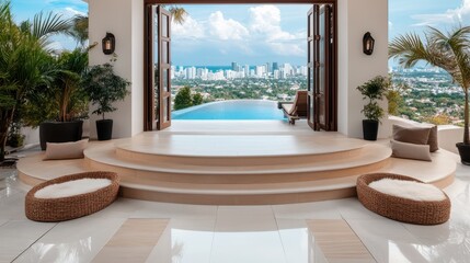 Fototapeta premium A spacious room features a large pool with scenic views through large windows.
