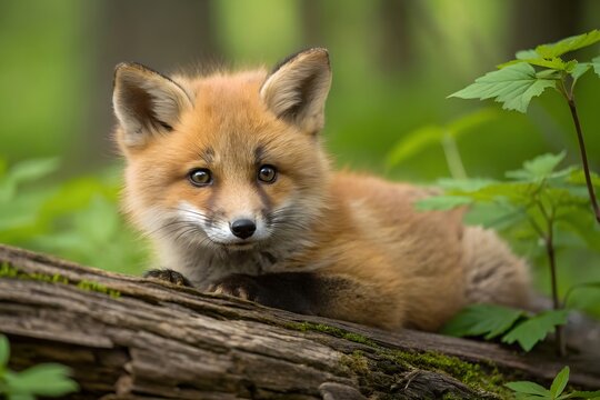 Adorable Red Fox Kit Relaxing In Forest Nature Close Up Portrait Of Wild Animal Cub Lying On A Log, red fox, fox kit, cub, baby animal, wild animal, forest, wildlife, nature, mammal, animal, outdoors