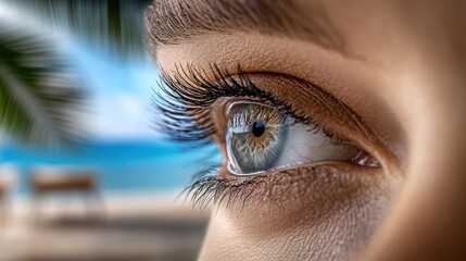 A close-up of a person's eye with a bench visible in the background.