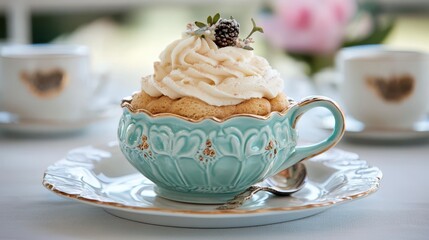 A cupcake placed inside a teacup, resting on a saucer, creating a charming dessert display.