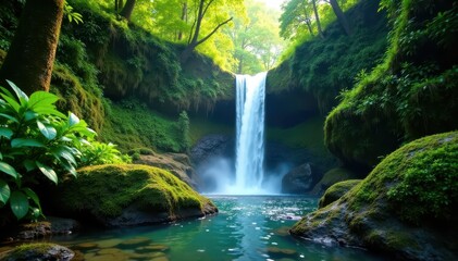 Obraz premium Lush rainforest waterfall cascades down mossy rocks , tranquility, water, mist