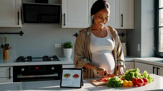 Happy pregnant woman is slicing fresh vegetables for a healthy salad while following an online recipe on a digital tablet in a bright. Modern kitchen. Enjoying a nutritious lifestyle during pregnancy
