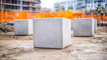 Concrete barrier blocks arranged in a line at the perimeter of an active construction zone