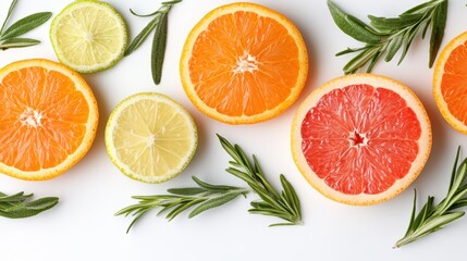 Fresh citrus slices and fragrant rosemary arranged beautifully on a wooden table.