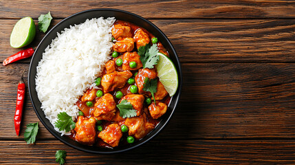 Delicious Chicken Curry with Rice Peas and Lime Garnishes a Flavorful Indulgent Dish