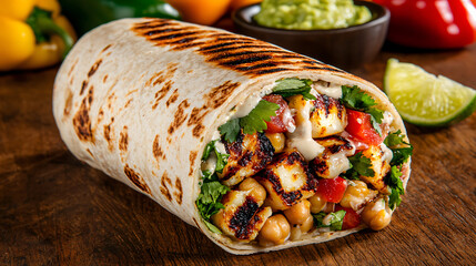 Delicious Halloumi and Chickpea Wrap with Fresh Salsa Guacamole and Lime on Wooden Table