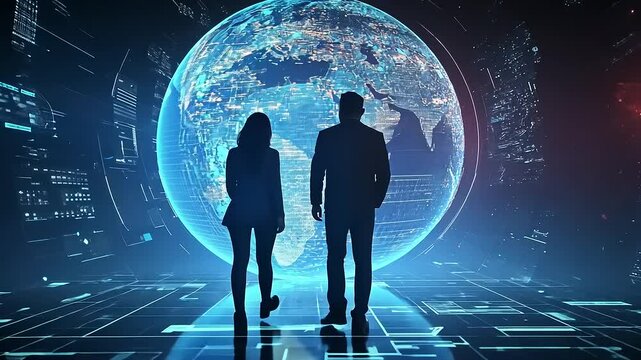 Silhouetted figures walking towards a glowing digital globe in a futuristic environment