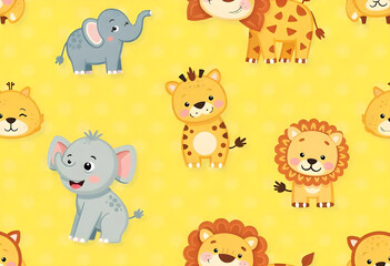 A delightful seamless pattern featuring cartoon lions, elephants, and cheetahs in a bright design.