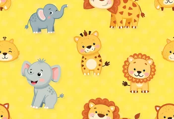 A delightful seamless pattern featuring cartoon lions, elephants, and cheetahs in a bright design.