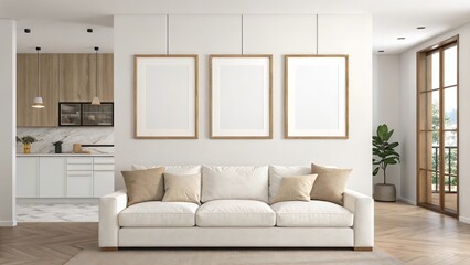 Fototapeta premium Three Empty Vertical Picture Frames on Wall in Modern Interior