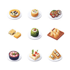 charming isometric set of colorful Lebanese food icons featuring various dishes like pastries, salads, and wraps, showcasing rich culinary heritage and vibrant flavors